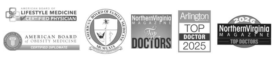 Awards badges for medical weight loss - American college of lifestyle medicine, American board of family medicine, northern virginia magazine top doctor, american board of obesity medicine
